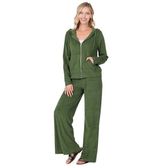 NWT LOOP TERRY ZIP UP HOODIE JACKET & PANTS SET Army Green - Picture 2 of 3